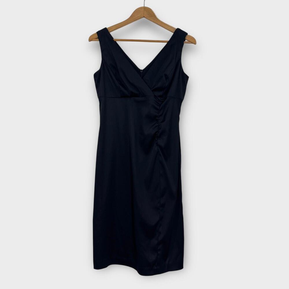 Donna Ricco New York Women’s Size 8 Black Satin V Neck Ruched Front Sheath Dress - Picture 1 of 10